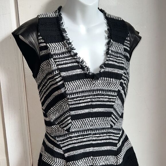 REBECCA TAYLOR  Leather-Sleeve Flared Tweed Dress-4 - Picture 3 of 10